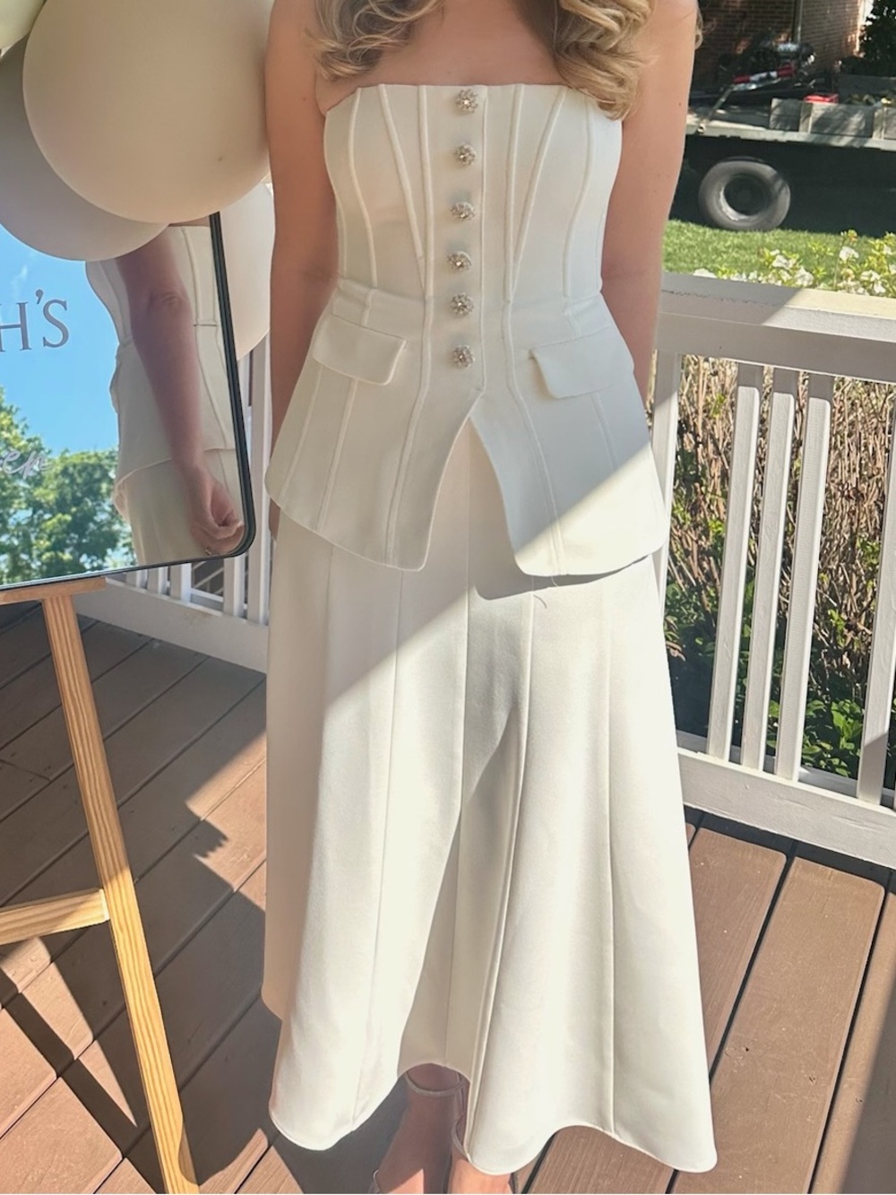 Self-Portrait Strapless White Midi Dress with Button Front